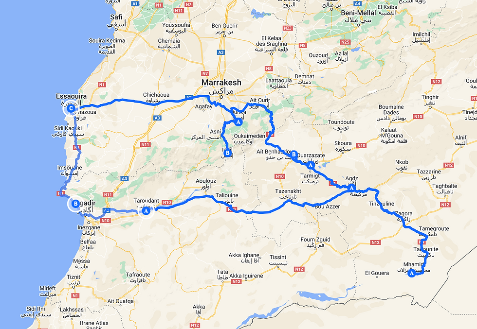 Map of a two week Morocco itinerary to Sahara Desert