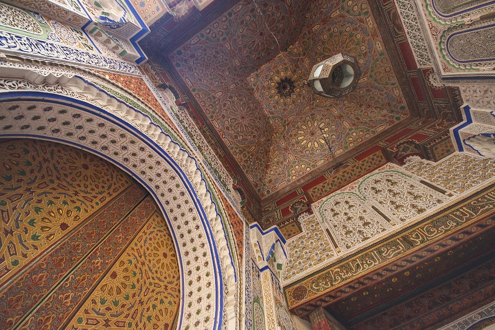 Exquisite ceiling decorations at a luxury riad hotel in Fes