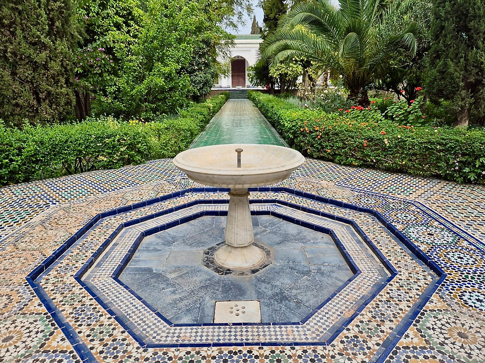 A fountain at the middle of Dar Batha's Andalusian-style garden in Fes