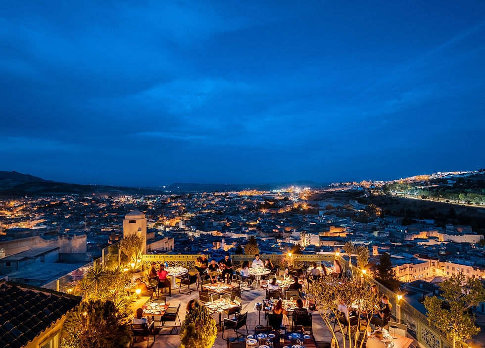Nighttime views across Fes from the rooftop terrace of a 5-star hotel in Fes