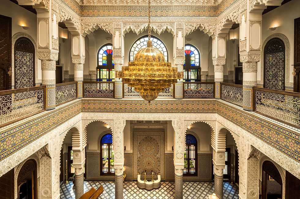 The opulent interior of one of the most luxurious riads in Fes