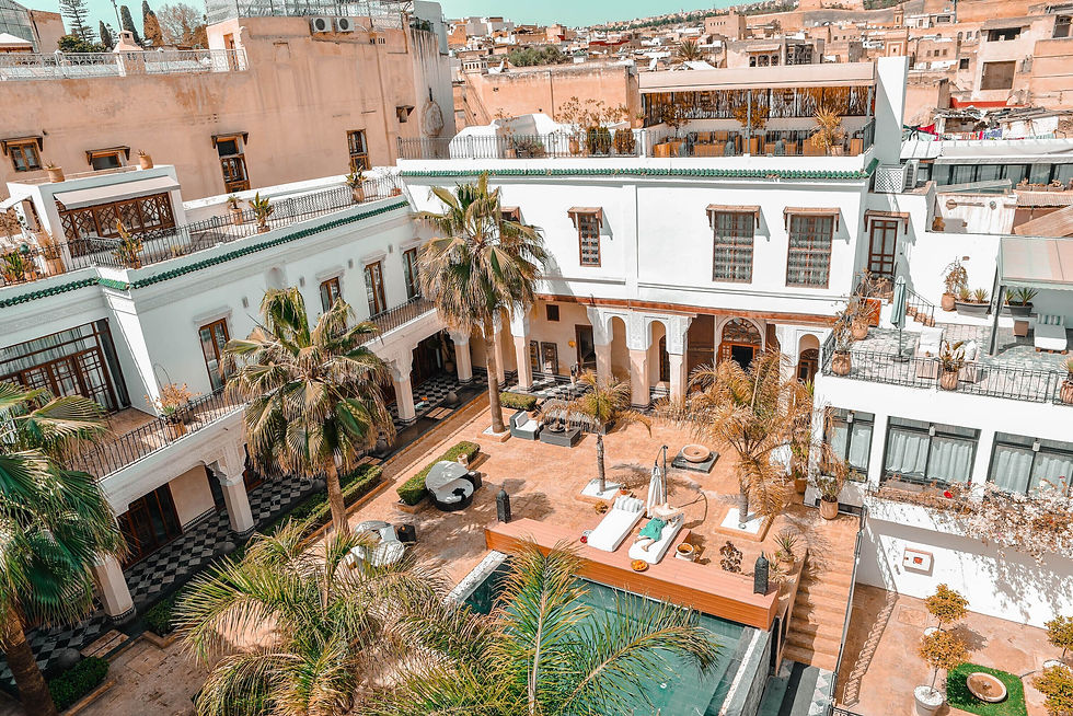 An elevated view across the internal courtyard of a 5-star hotel in Fes