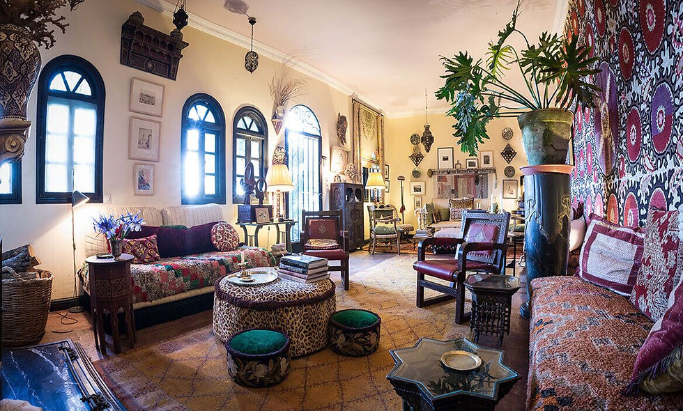 An eclectically decorated lounge at a mid-range hotel in Tangier