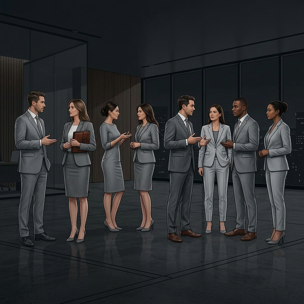 Digital illustration of a diverse group of business professionals in suits discussing ideas in a sleek office at night. The mood is sophisticated and professional.