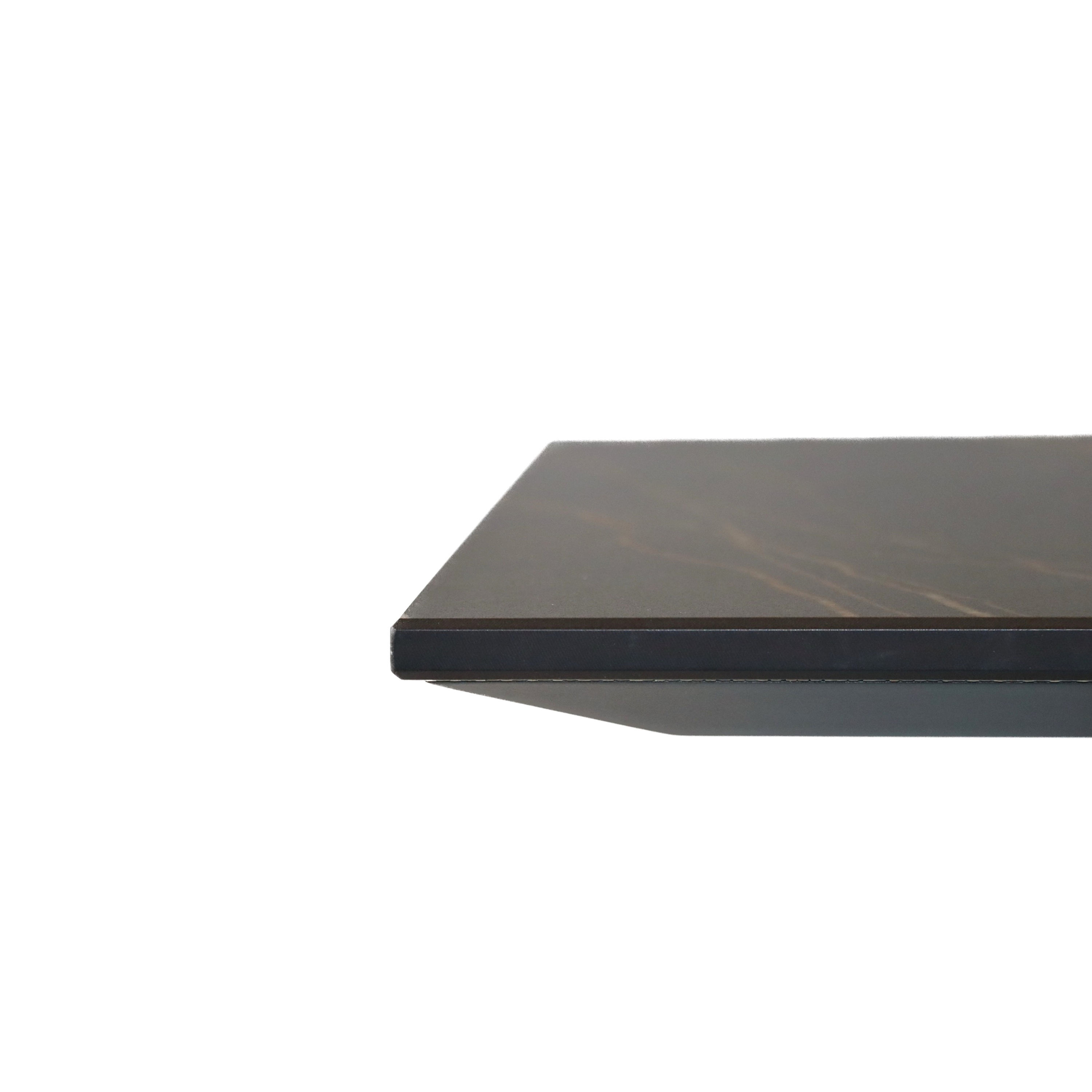 Ceramic straight edge tabletop with chamfered edge.