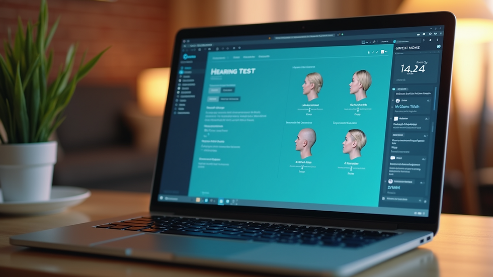 Eye-level view of a laptop displaying a hearing test interface