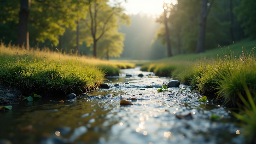 Eye-level view of a serene landscape with a gentle stream