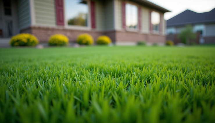 Eye-level view of freshly hydroseeded lawn in Grinnell Iowa