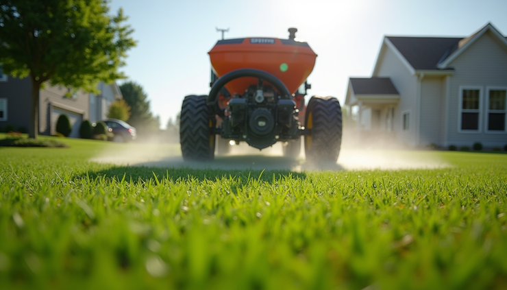 Eye-level view of hydroseeding machine spraying green grass seed on a residential lawn in Mount Pleasant Iowa