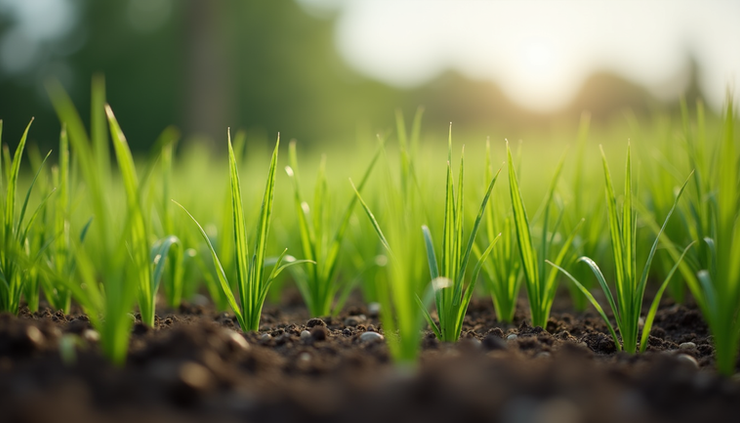 Close-up of fresh green grass sprouting from hydroseeded soil on a Dubuque hillside