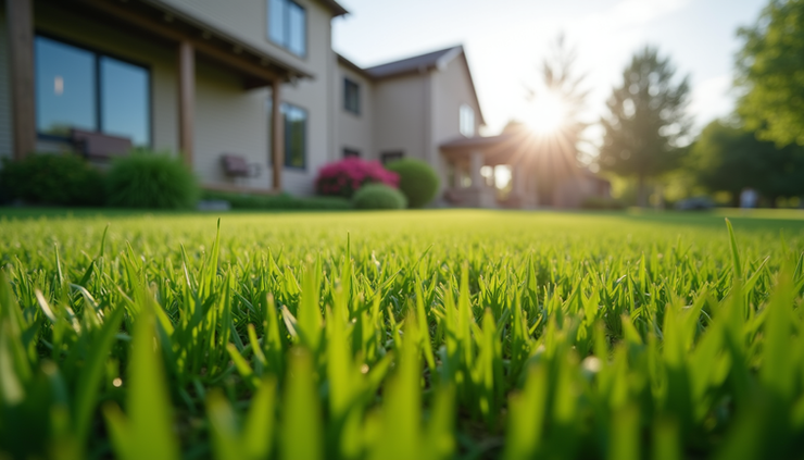 Eye-level view of freshly hydroseeded lawn with vibrant green grass in a residential yard in Howard County