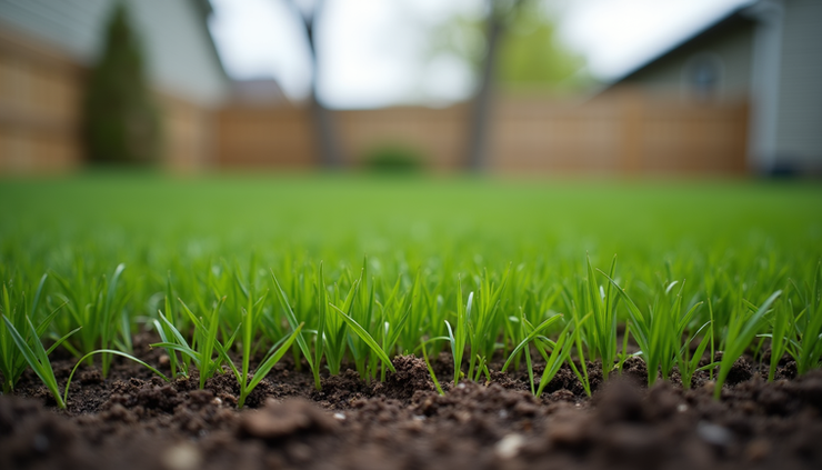 Eye-level view of freshly hydroseeded lawn in a Cedar Rapids backyard