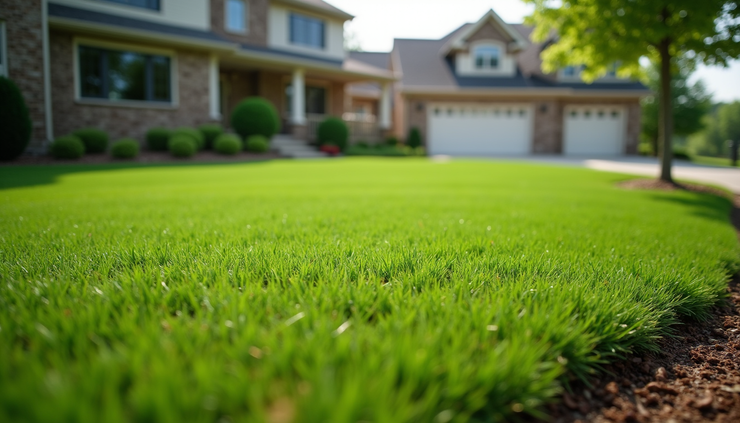 Eye-level view of freshly hydroseeded lawn in a residential Tipton yard