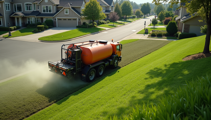 High angle view of hydroseeding equipment spraying grass seed slurry on a sloped lawn