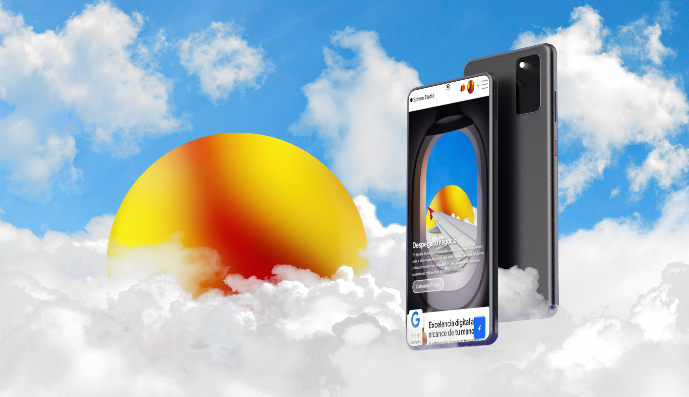 Creatividad corporativa oficial de Sphere Studio: esfera de marca amarilla y naranja entre nubes y un teléfono que presenta su web.