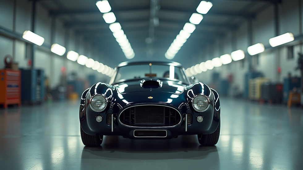 Vista frontal de un coche americano clásico en un taller de homologación