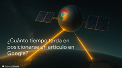 Ilustración de un satélite emitiendo dos haces de luz hacia la Tierra, representando el posicionamiento SEO de artículos en Google. Logotipo de Chrome en el satélite y texto: “¿Cuánto tiempo tarda en posicionarse un artículo en Google?”