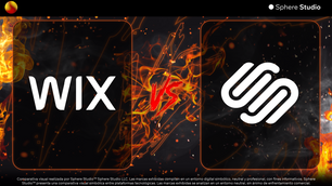 Comparativa visual entre Wix y Squarespace, representadas como contendientes en un entorno digital con fuego, partículas y un “VS” central. Imagen con estética de combate simbólico, creada por Sphere Studio™ para fines informativos y comparativos.