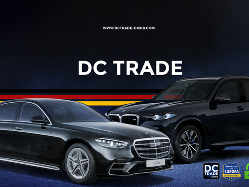 Luxury German vehicles including a Mercedes S-Class and BMW SUV, with DC Trade GmbH branding and European import certification