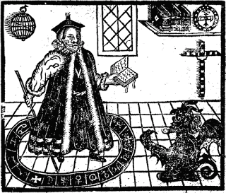 Woodcut of Faustus conjuring Mephistophilis.