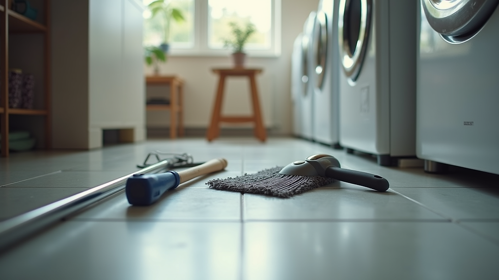 Eye-level view of dryer vent cleaning tools laid out on floor