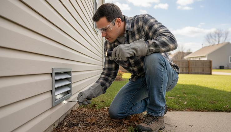 Wide-angle view of a person wearing gloves inspecting a low exterior vent on house siding.