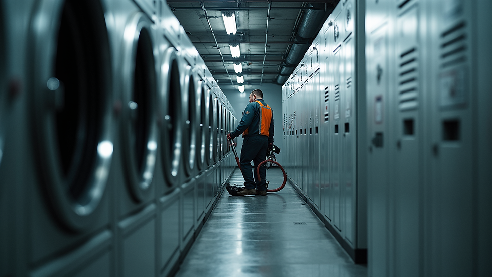 Eye-level view of a technician cleaning a commercial dryer vent with specialized tools
