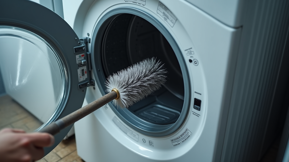 High angle view of professional cleaning dryer vent with rotary brush