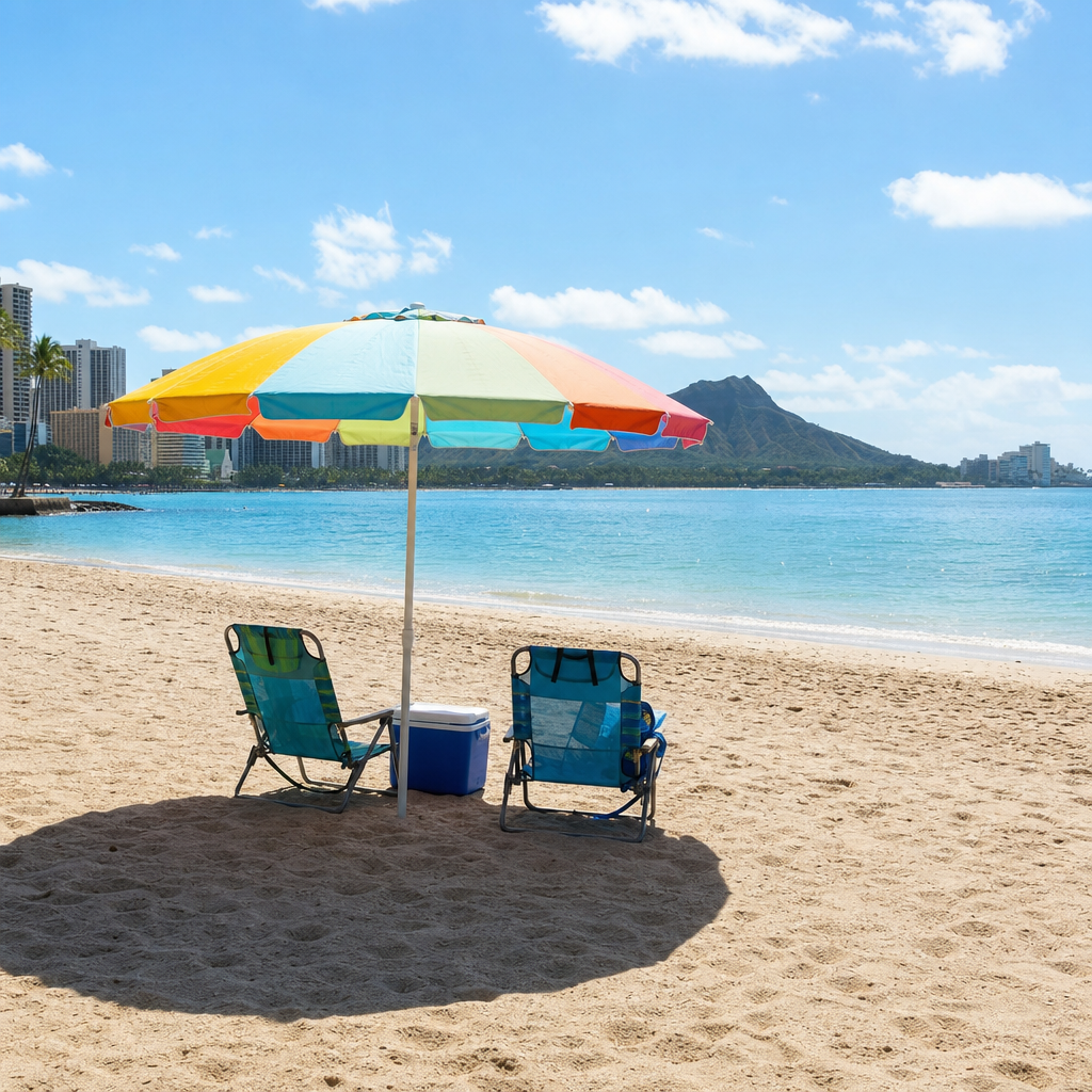 Beach umbrella rental Waikiki setup with chairs and shade on Waikiki Beach