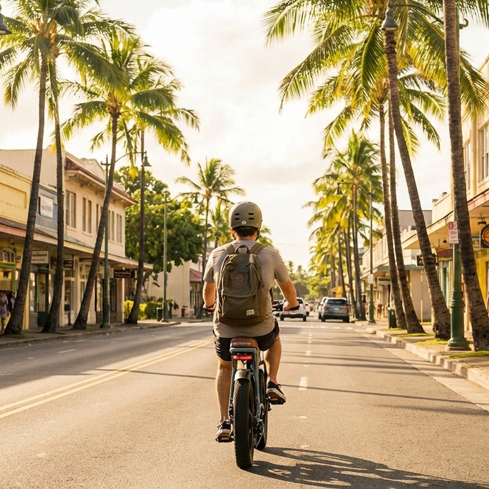 E-bike rider cruising down Kapahulu Avenue for a Waikiki food tour by bike