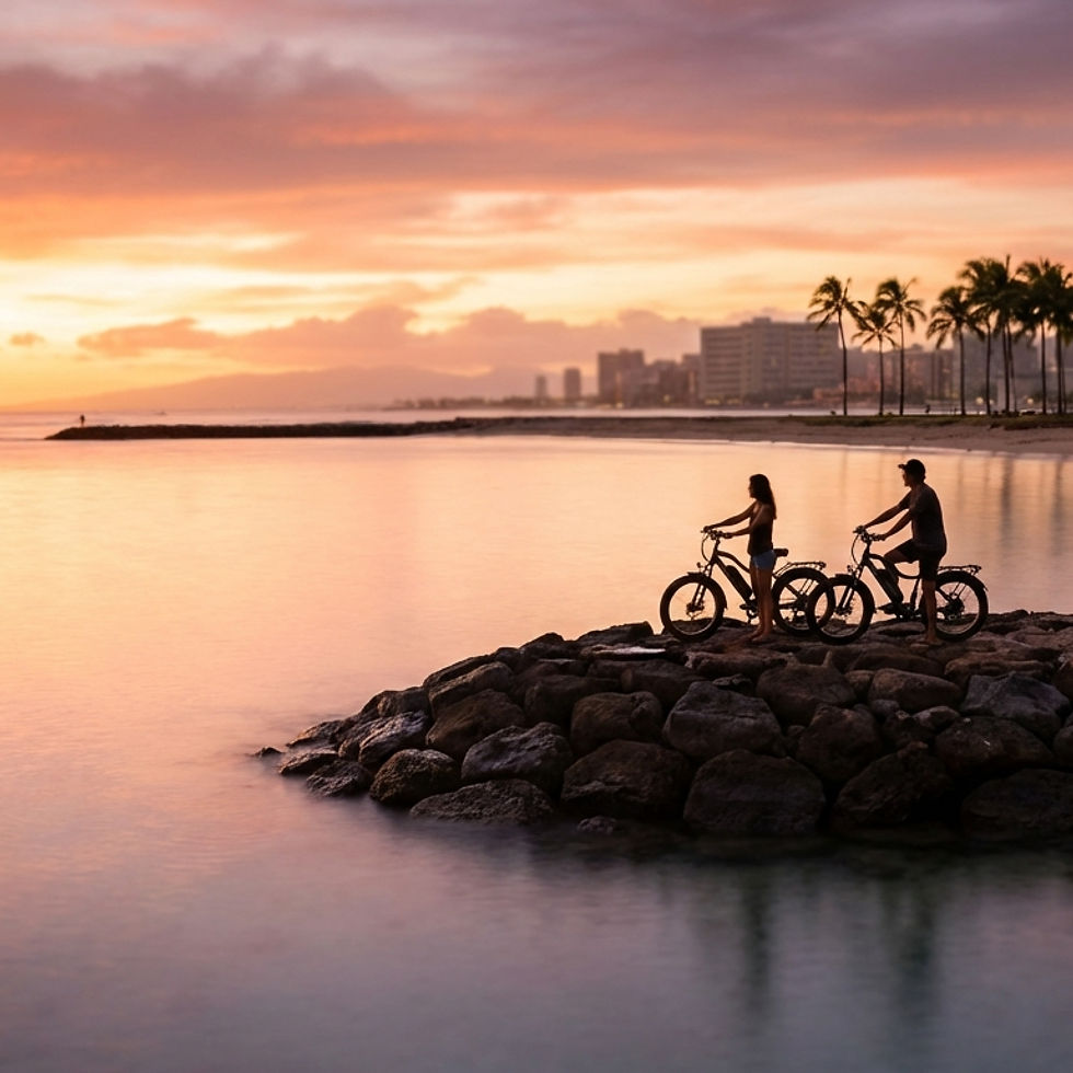Waikiki sunset bike ride spots at Magic Island peninsula with golden hour sky
