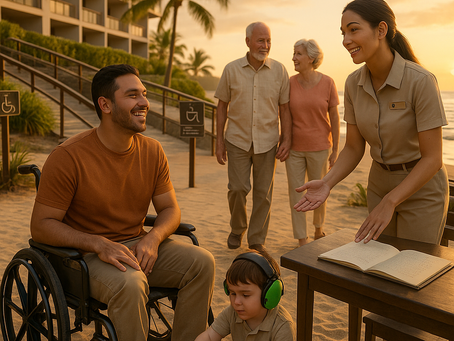Família em viagem aproveitando resort adaptado, exemplo de turismo inclusivo no Brasil.