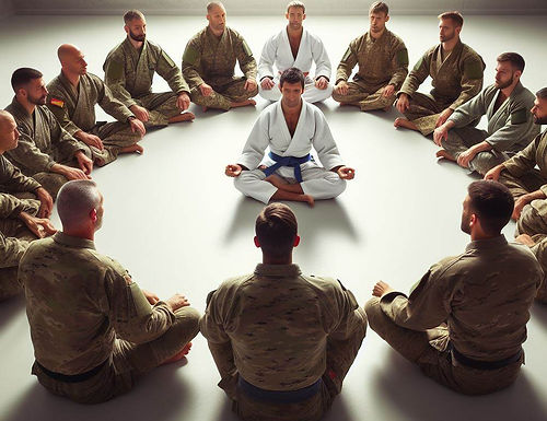 Military men meditating in a circle, fostering inner peace and mindfulness.