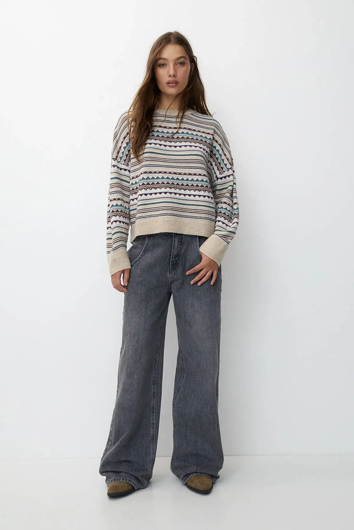 Pull & Bear Çok renkli jakarlı triko kazak