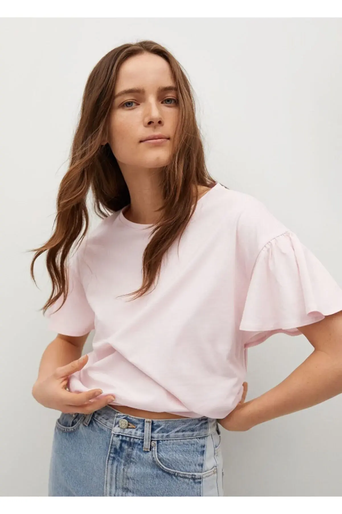 MANGO Kadın Pastel Pembe Fırfırlı Pamuklu Tişört