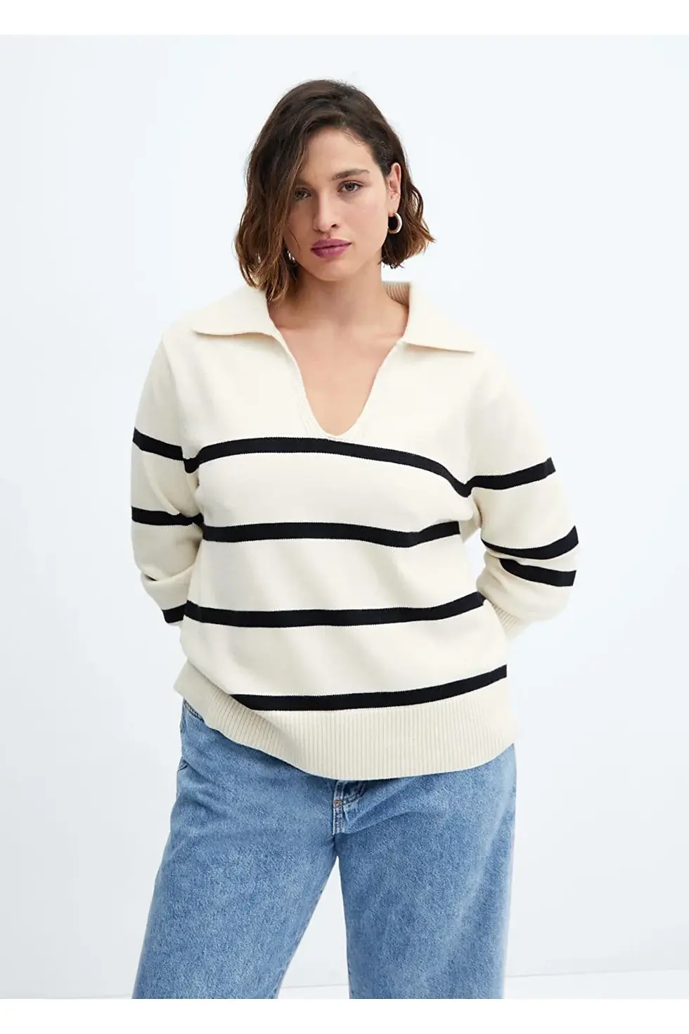 Thumbnail: Mango  Çizgili Polo Yaka Kazak