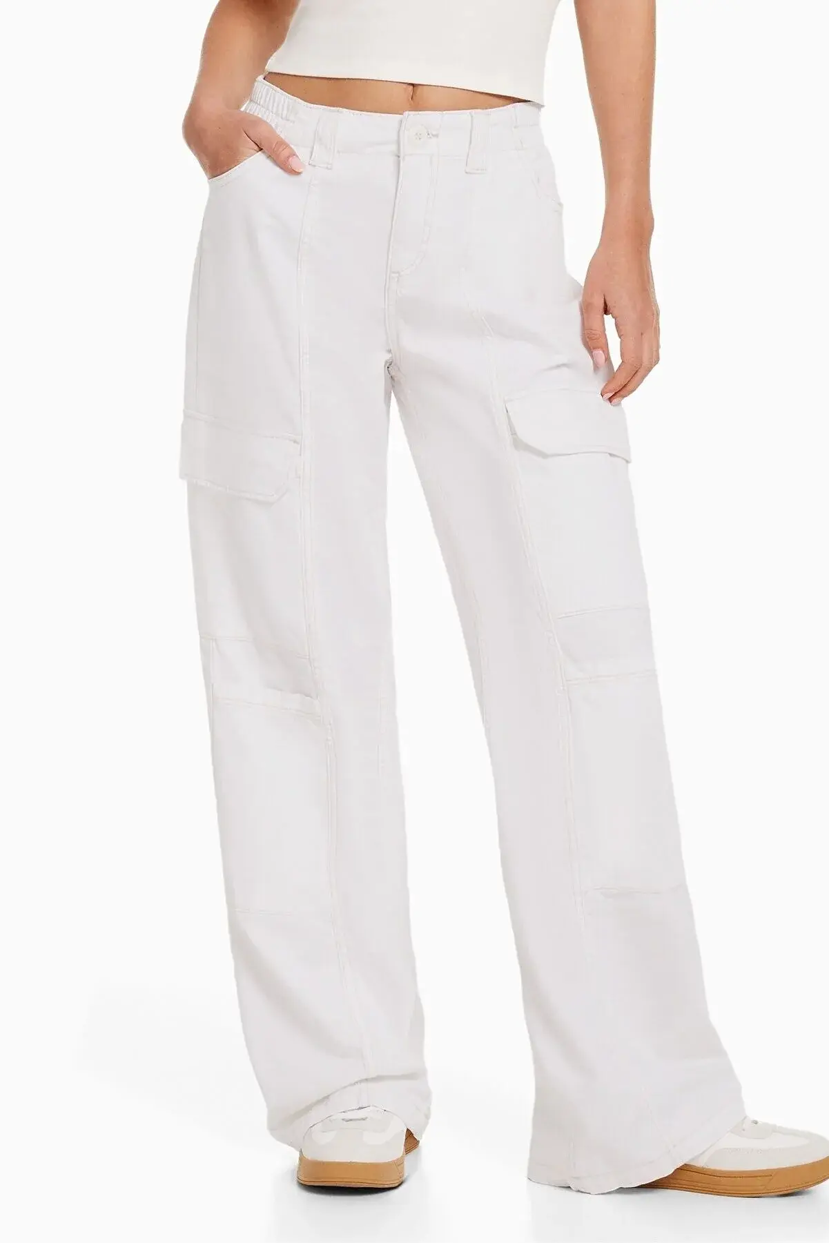 Bershka Kontrast Iplikli Pamuklu Low Waist Kargo Pantolon