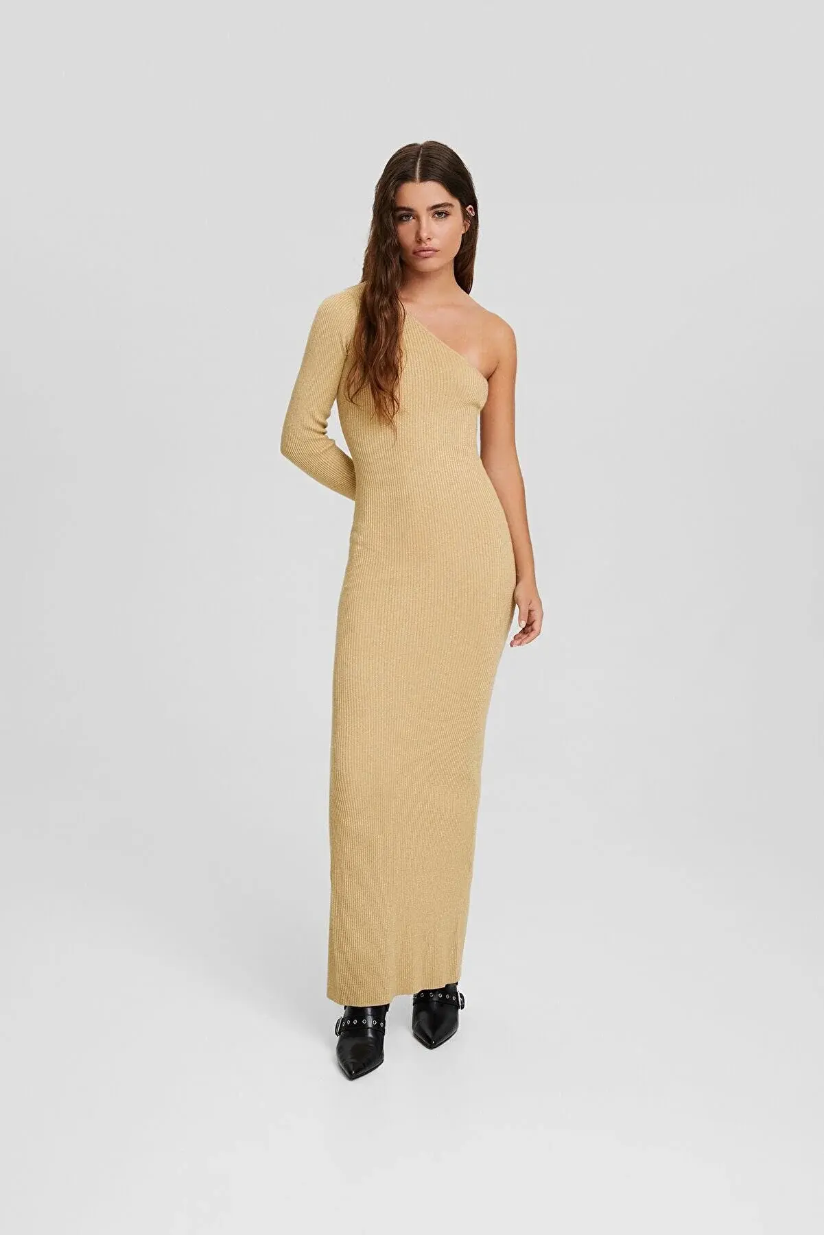 Bershka Simli uzun kollu triko asimetrik midi elbise