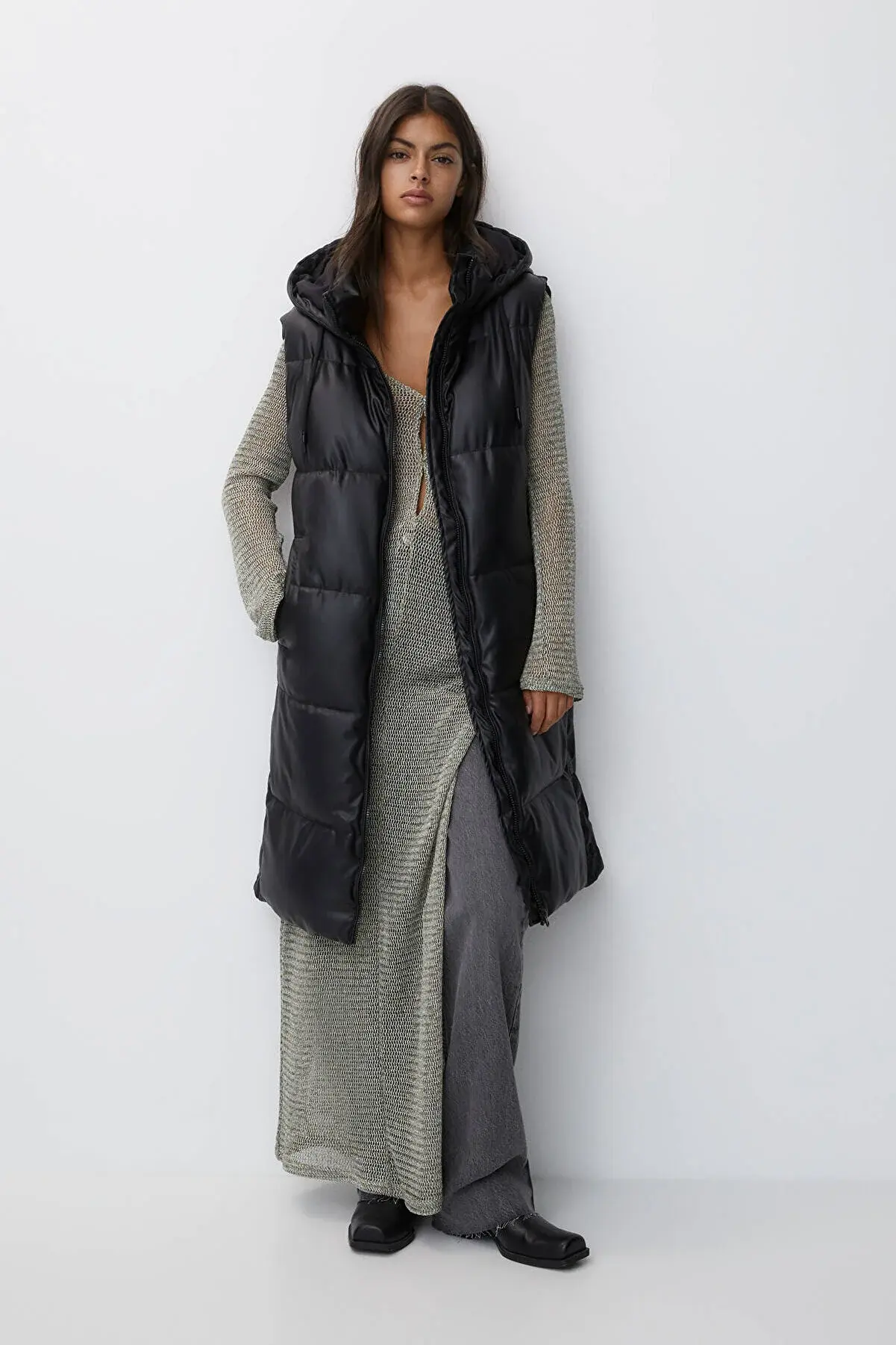 Pull & Bear Uzun suni deri şişme yelek