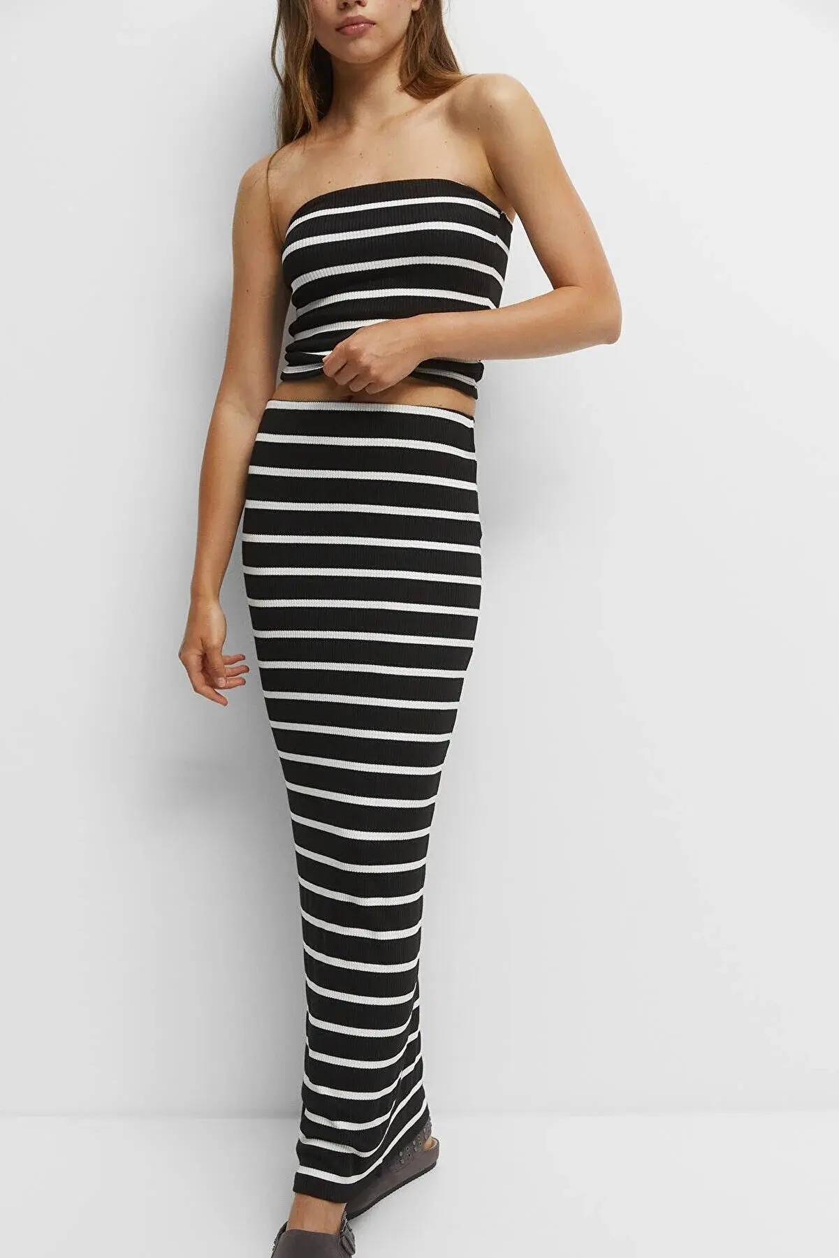 Pull & Bear Çizgili fitilli uzun etek