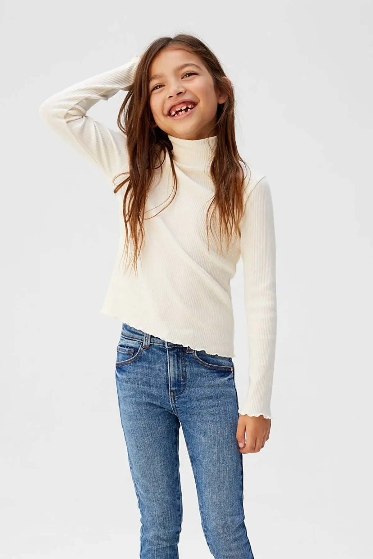 MANGO Kids Ekrü Kız Çocuk Boğazlı Koton Tişört