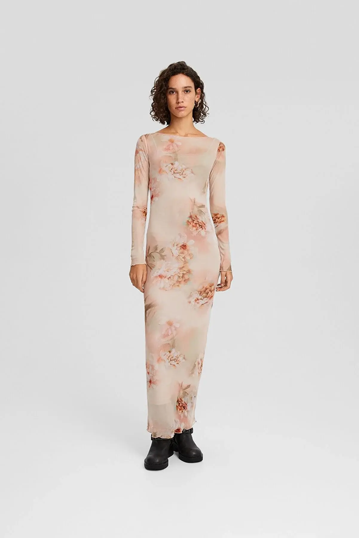 Bershka Desenli uzun kollu uzun tül elbise