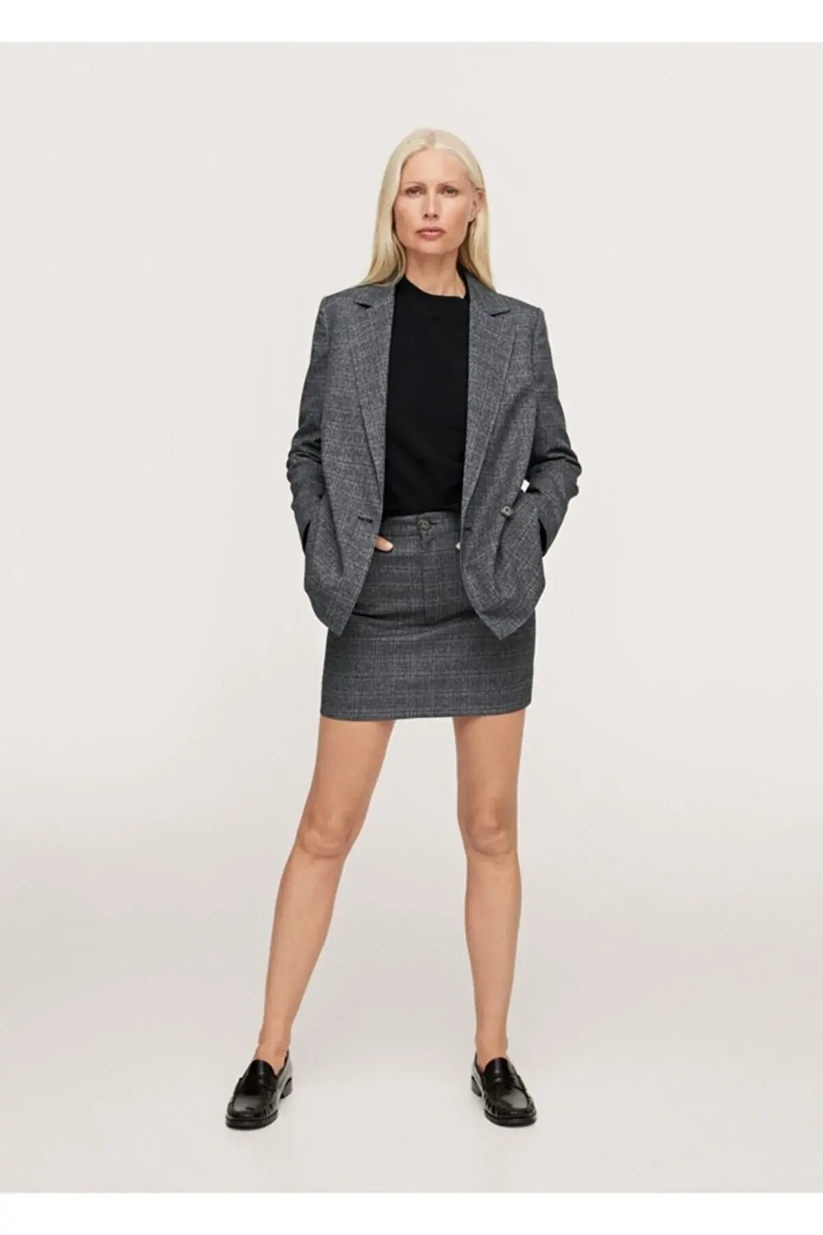 Mango Kadın Gri Kareli Mini Etek