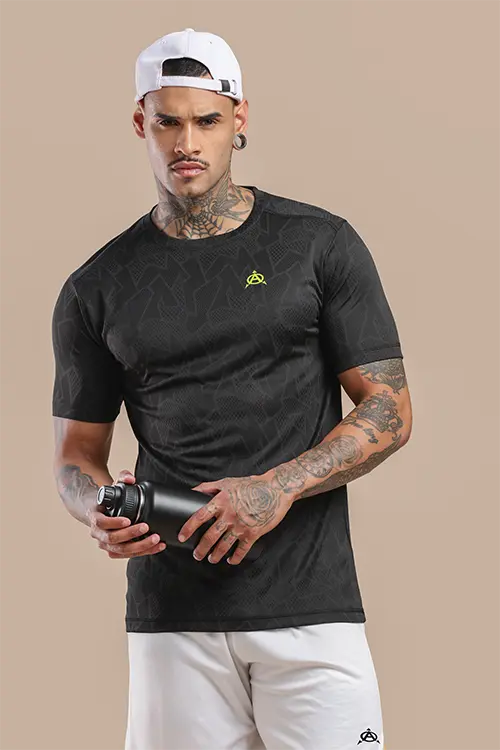 Men Jacquard Slim Fit Athlete AR-FLO Crew Neck Halfsleeve Black-C432