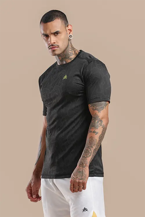 Men Jacquard Slim Fit Athlete AR-FLO Crew Neck Halfsleeve Black-C432