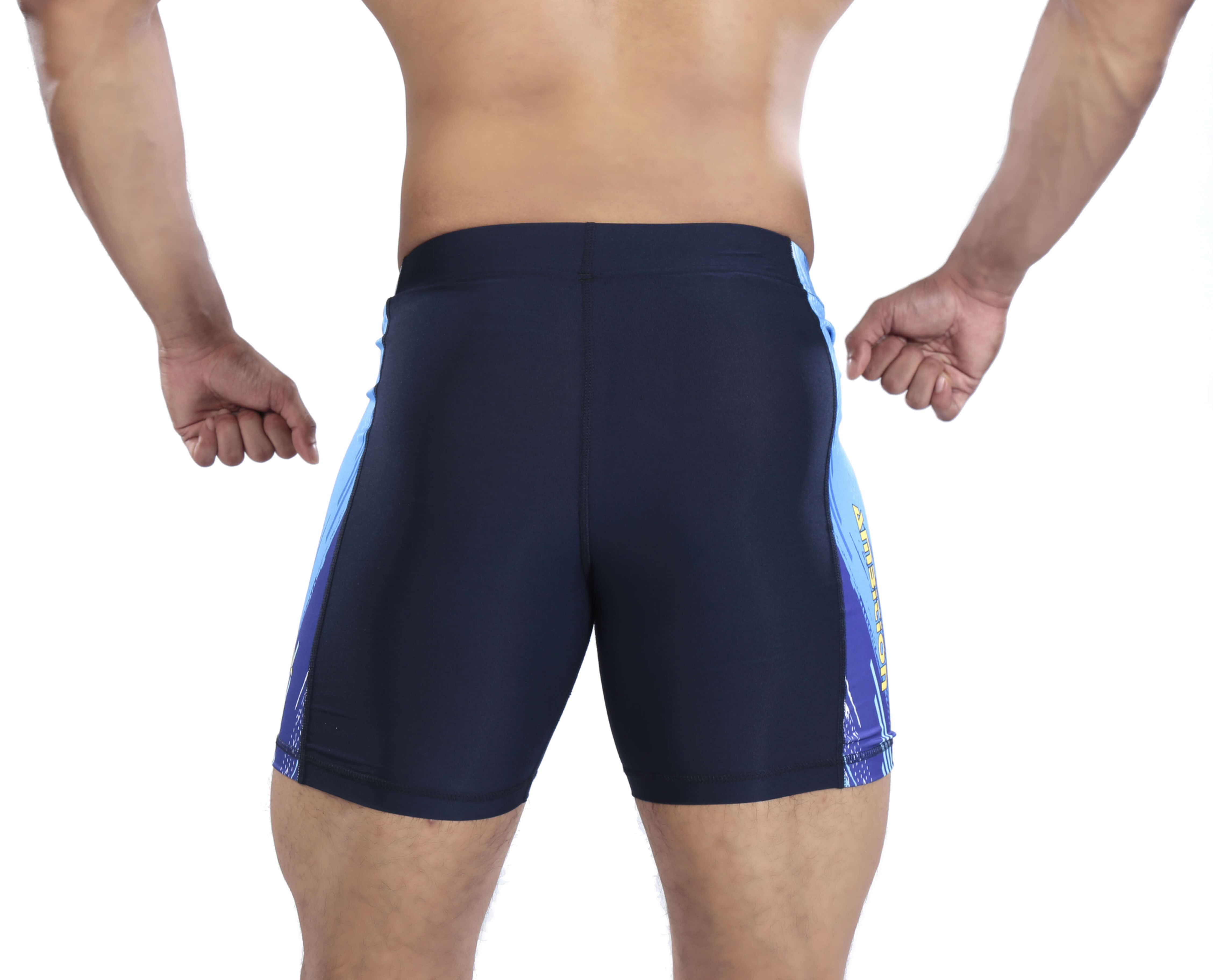 Men's navy blue athletic shorts with light blue accents