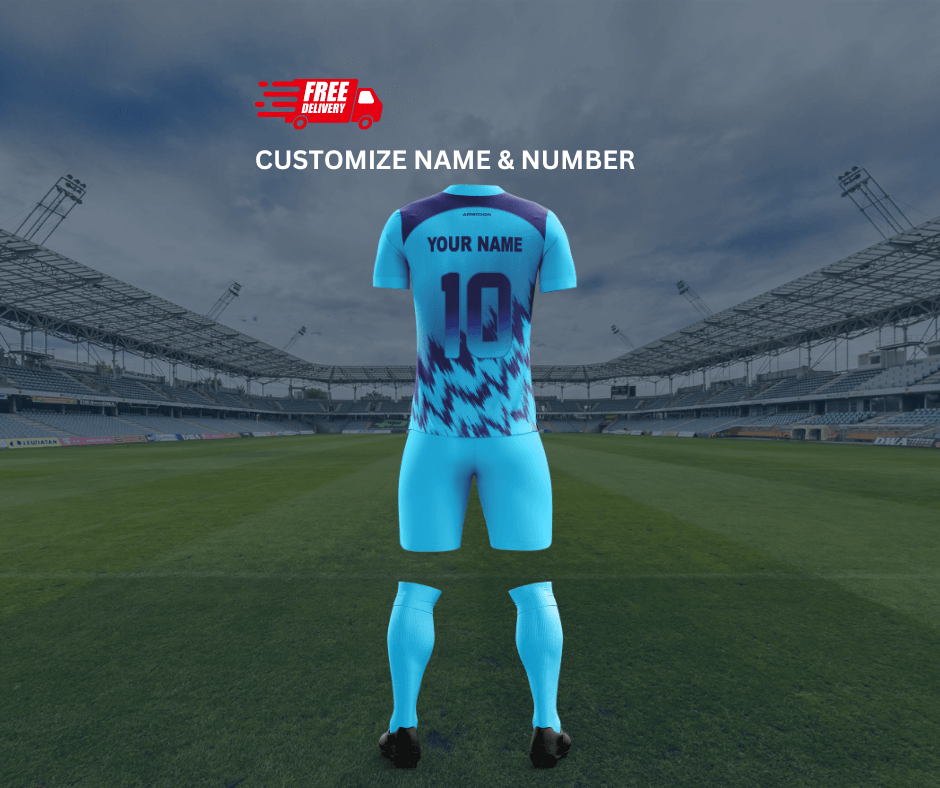 Customizable light blue soccer jersey set with name and number