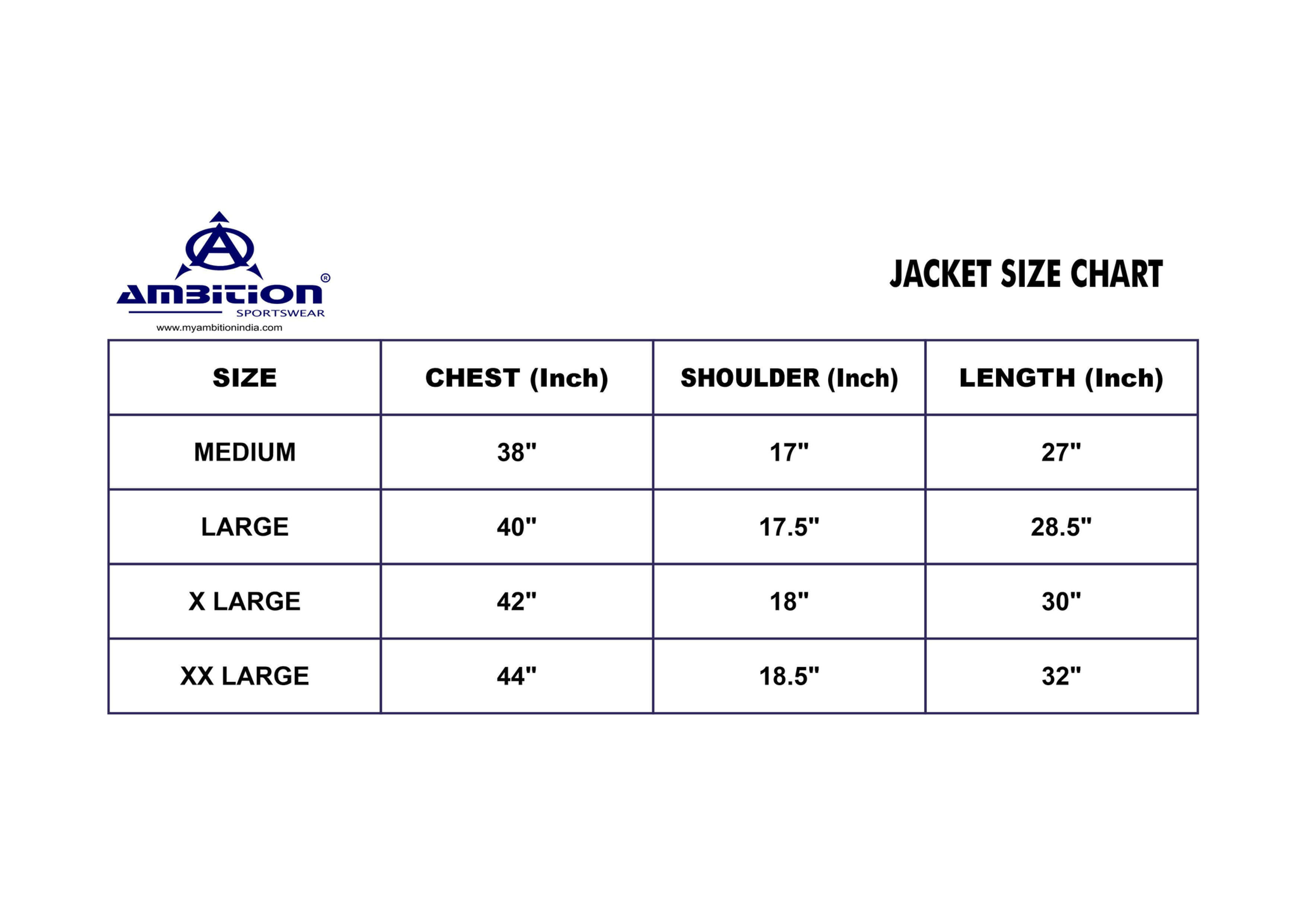 Jacket size chart: chest, shoulder, length