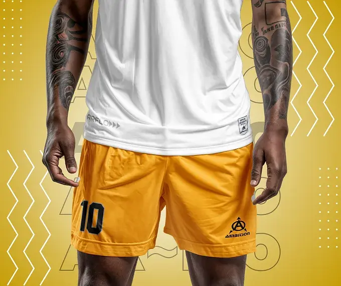 Person wearing gold soccer shorts with number 10