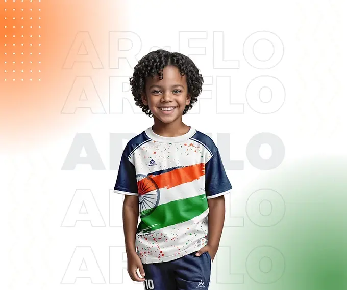 Smiling child in Adidas India flag T-shirt